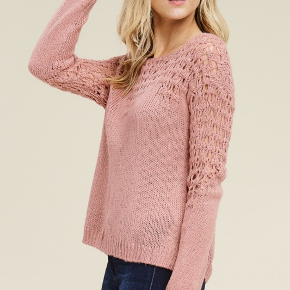 dusty pink crochet sweater waist length long sleev
